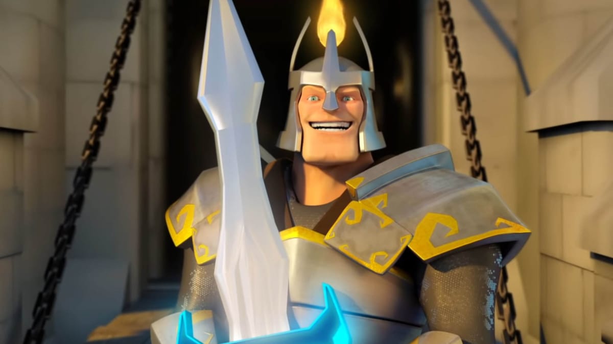 A grinning knight character in The Mighty Quest for Epic Loot