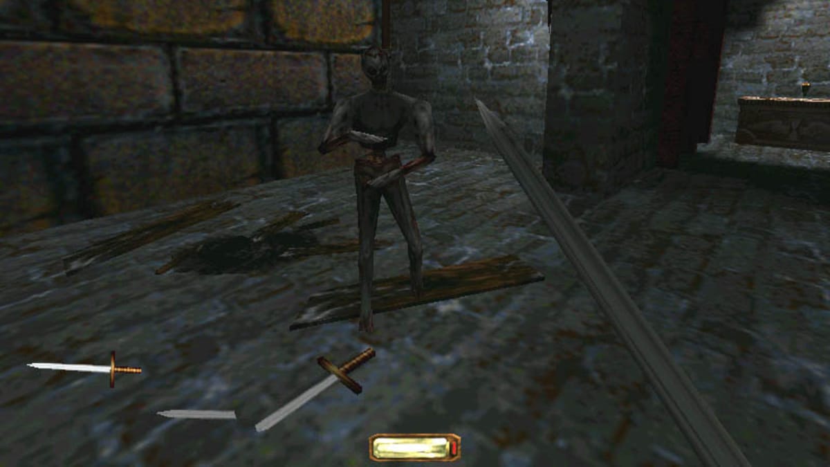 Garrett threatening an undead enemy with a sword in Thief: The Dark Project