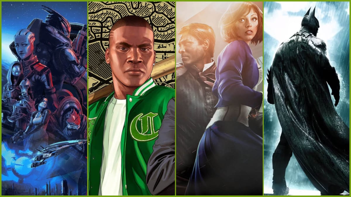 Artwork for Mass Effect, Grand Theft Auto 5, BioShock Infinite, and Batman: Arkham in a top 10 Xbox 360 games header image
