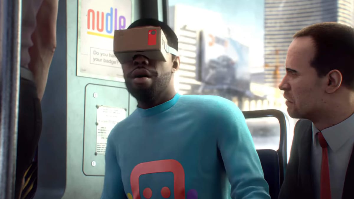 A man with a VR headset on looking bemused in Watch Dogs 2