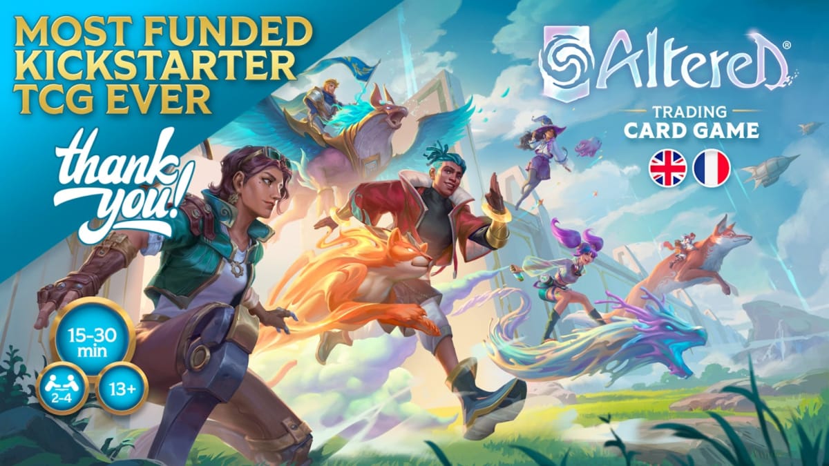 A promo image of the Altered TCG Kickstarter, celebrating the campaign as the most funded TCG ever.