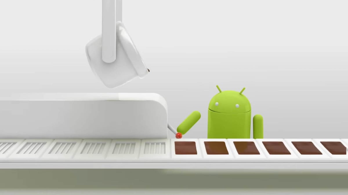 An Android robot mascot making KitKat chocolate bars in a factory