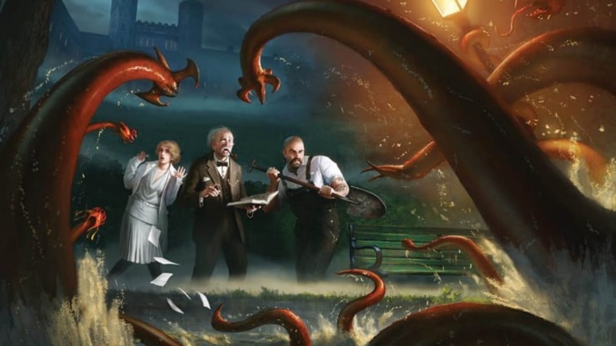 Artwork from the game Arkham Horror, showing a tentacled monster rising from a body of water, terrorizing a group of investigators.