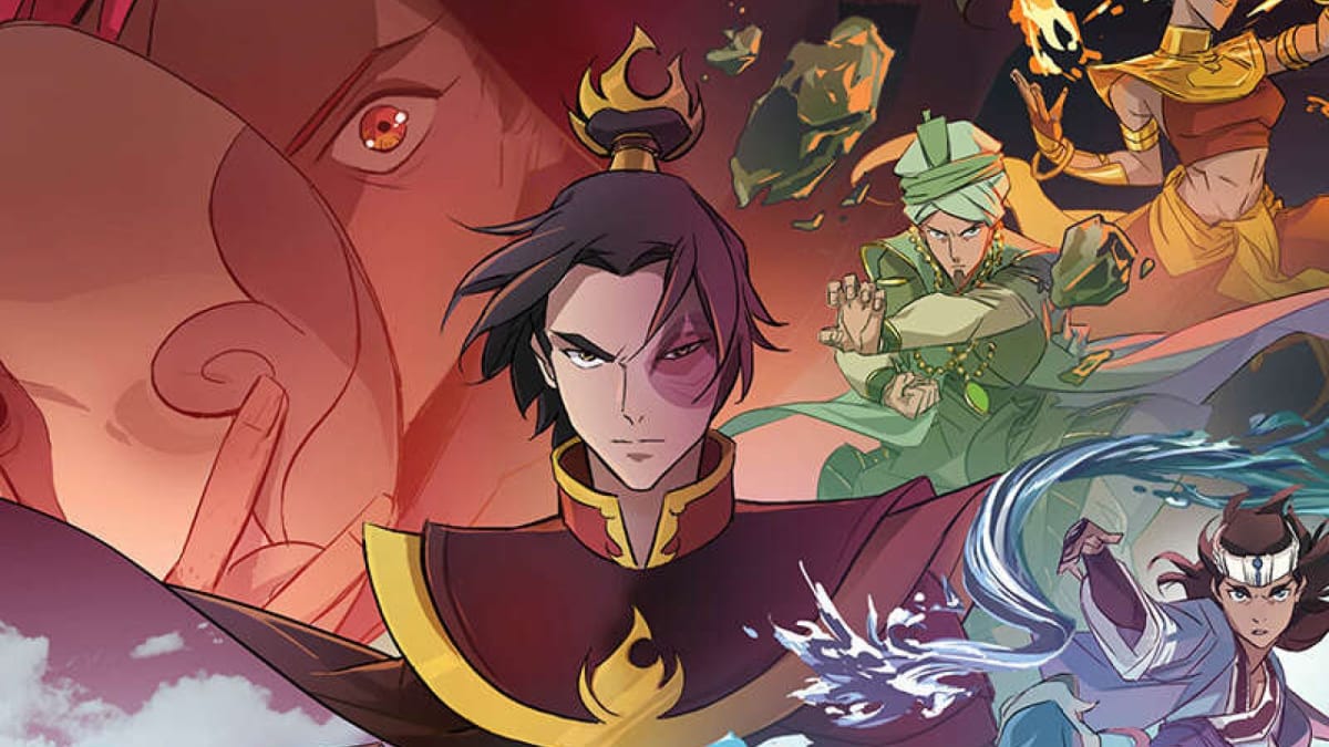 Promotional artwork from the Avatar Legends Starter Set, showing Prince Zuko, earthbenders, and water benders in a splash page.
