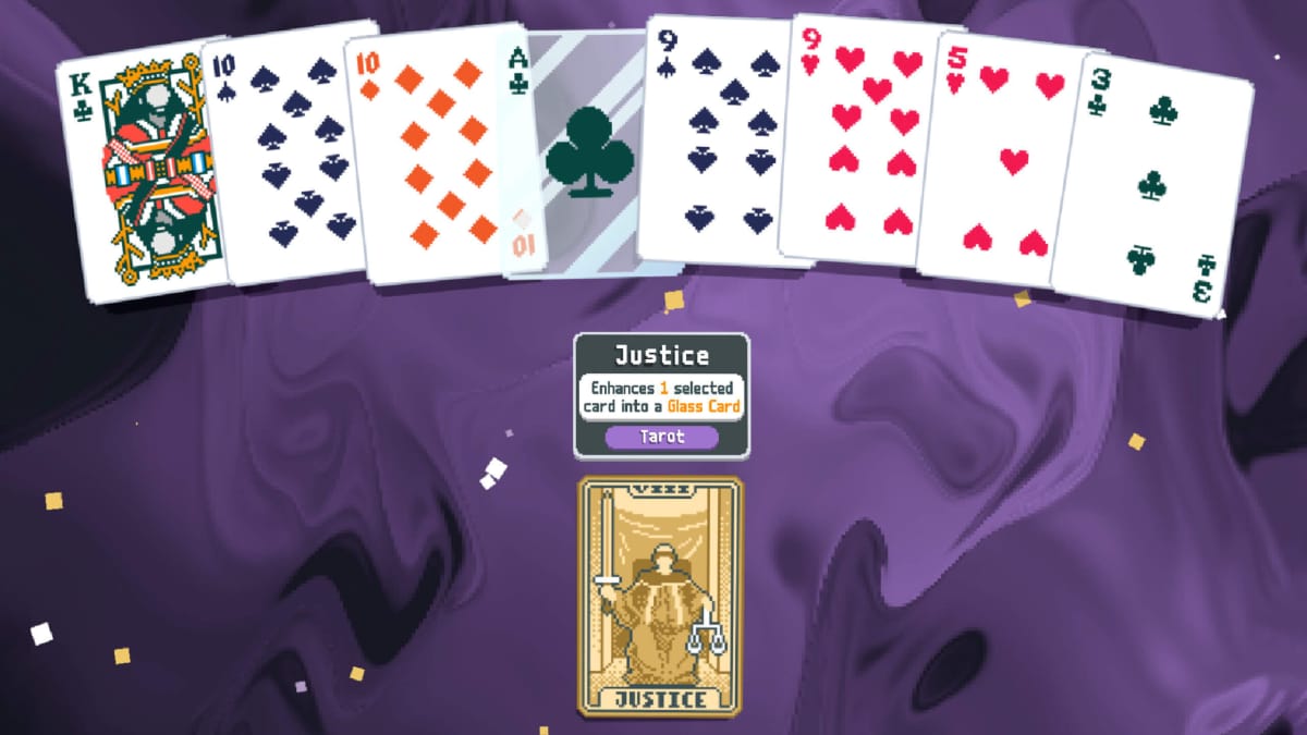 A deck of cards with a Justice tarot card beneath them in Balatro