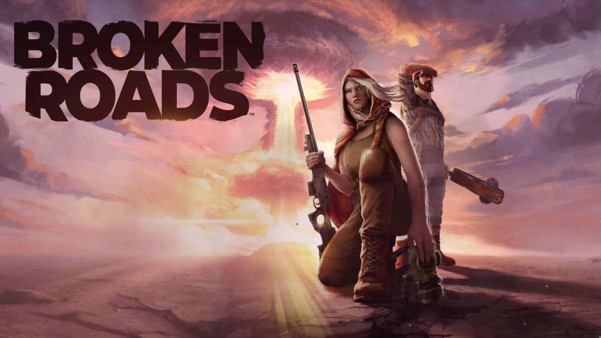 Key art for Broken Roads, depicting two of its characters against the backdrop of a nuclear explosion as well as the game's logo