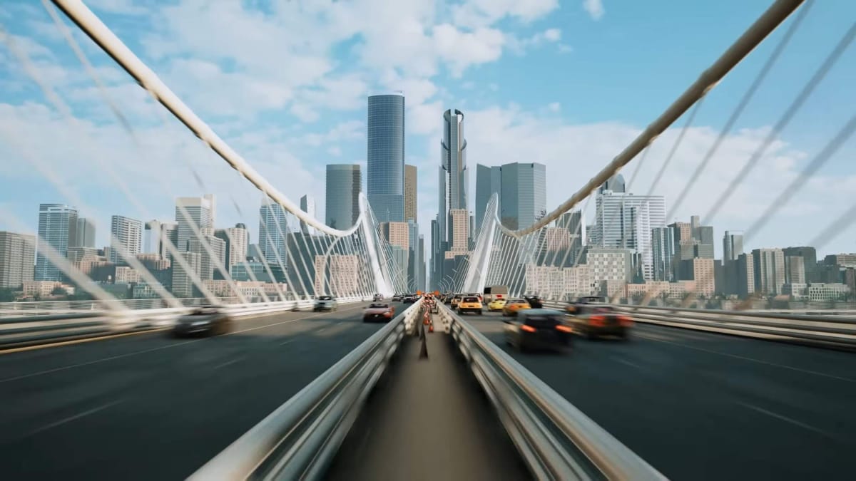 A city viewed from a bridge as traffic speeds past in a non-gameplay Cities: Skylines 2 trailer