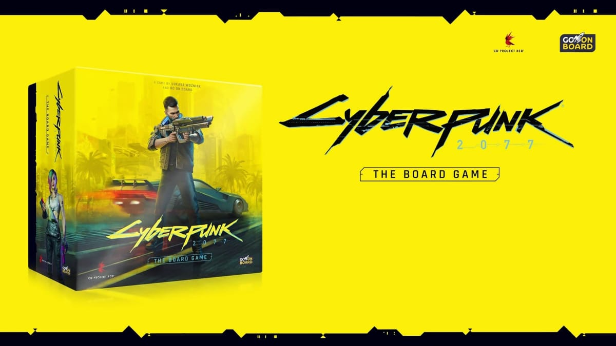 A promotional image of Cyberpunk 2077: The Board Game, showing the game's box art on a yellow background.