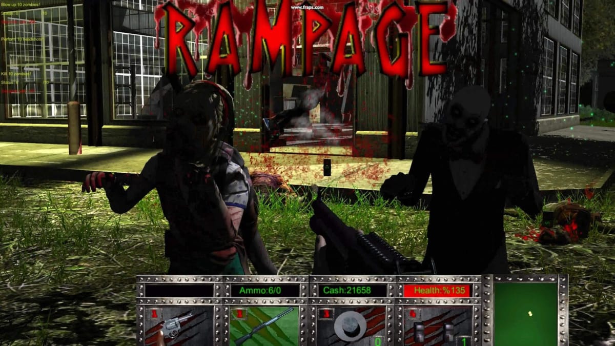 The player shooting at enemies in the low-quality Steam game The Slaughtering Grounds, created by Digital Homicide (note that the FRAPS watermark at the top of the image is part of the original and was not added in editing)