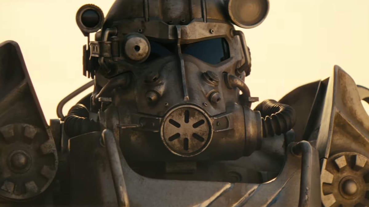 A squire of the Brotherhood of Steel in full armor in the Fallout TV series