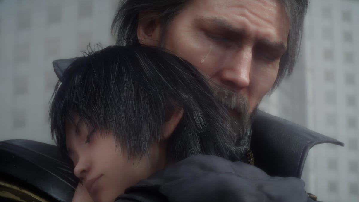 Noctis hugging his father in Final Fantasy XV