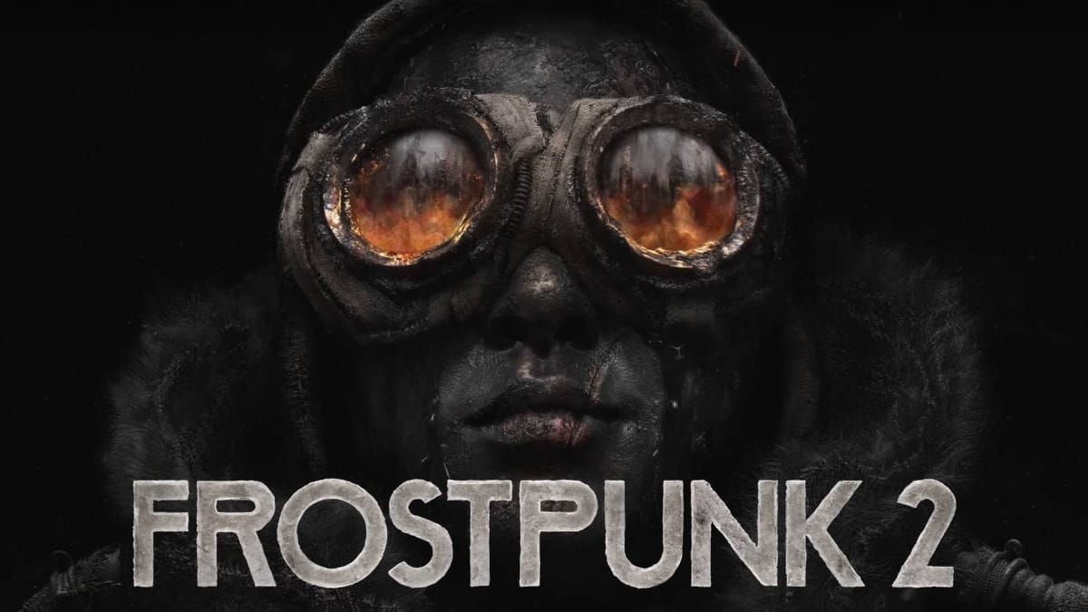 Artwork for Frostpunk 2 showing a face wearing a mask alongside the game's logo