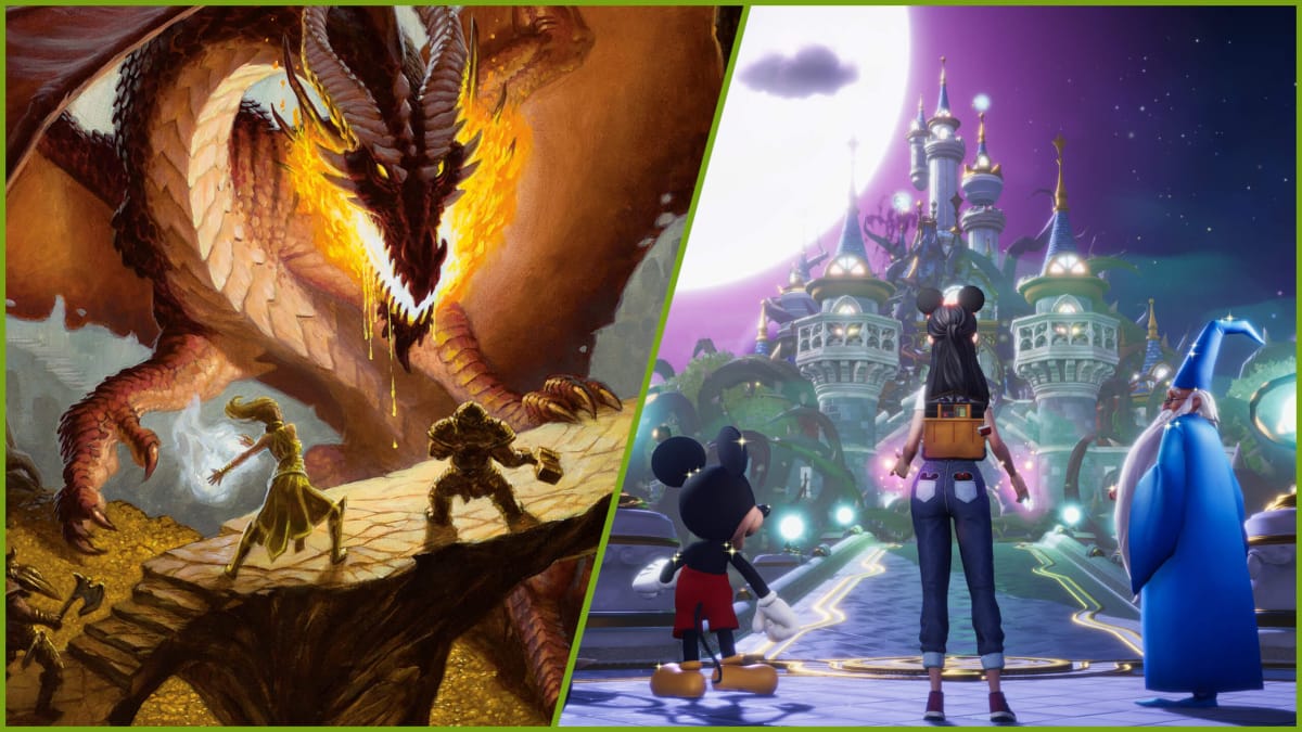 A dragon attacking adventurers in Dungeons & Dragons next to Mickey, Merlin, and the player character from Gameloft's Disney Dreamlight Valley