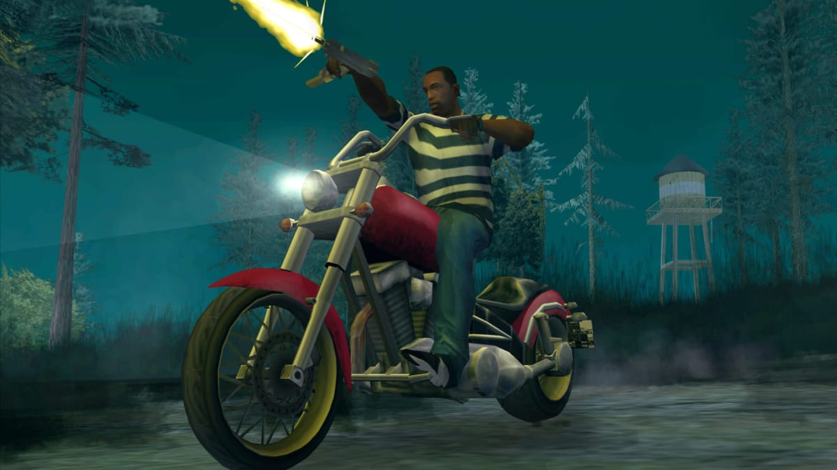 CJ firing a gun on a bike in Grand Theft Auto: San Andreas on PC, representing the mobile version