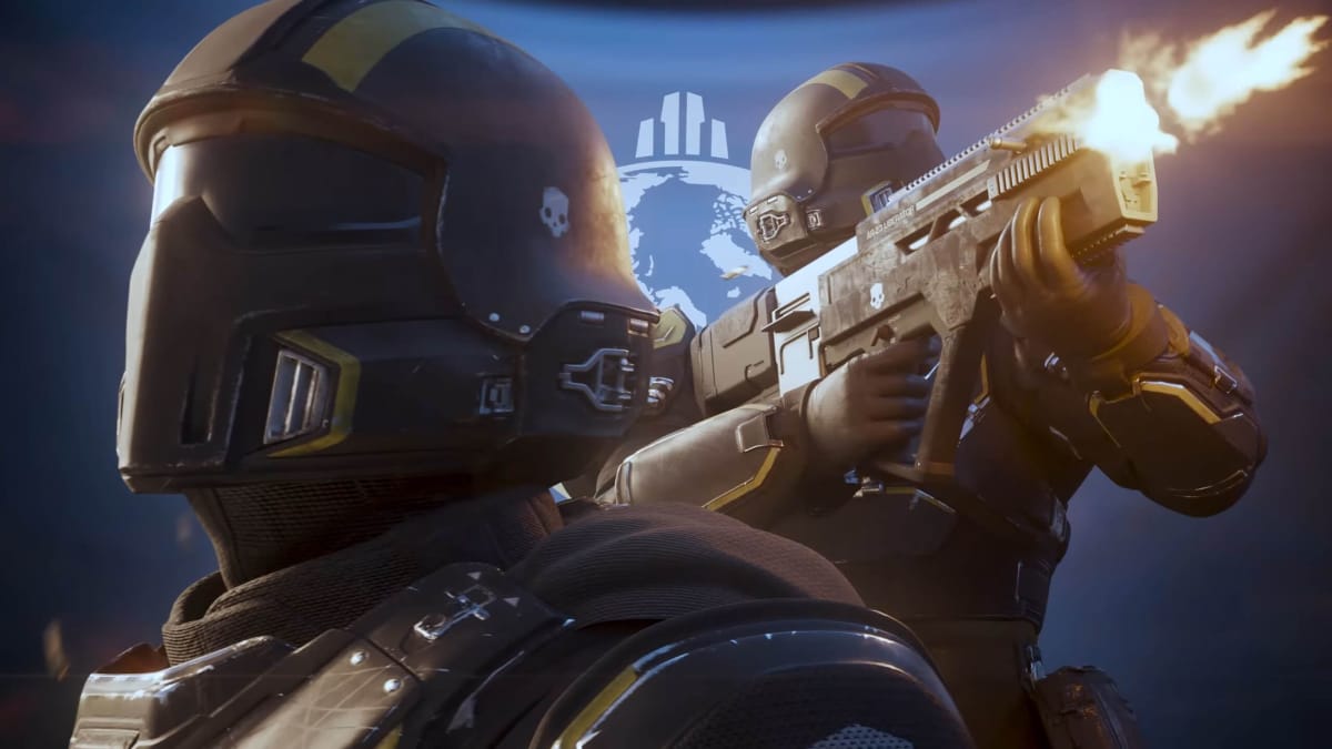 A close-up of two Helldivers, one of whom is firing a gun, in Helldivers 2