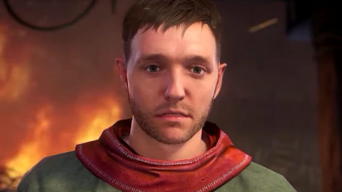 A shot of protagonist Henry with flames in the background in Kingdom Come: Deliverance