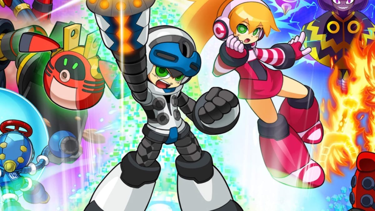 Artwork for Mighty No. 9 depicting the game's main characters and some of its enemies