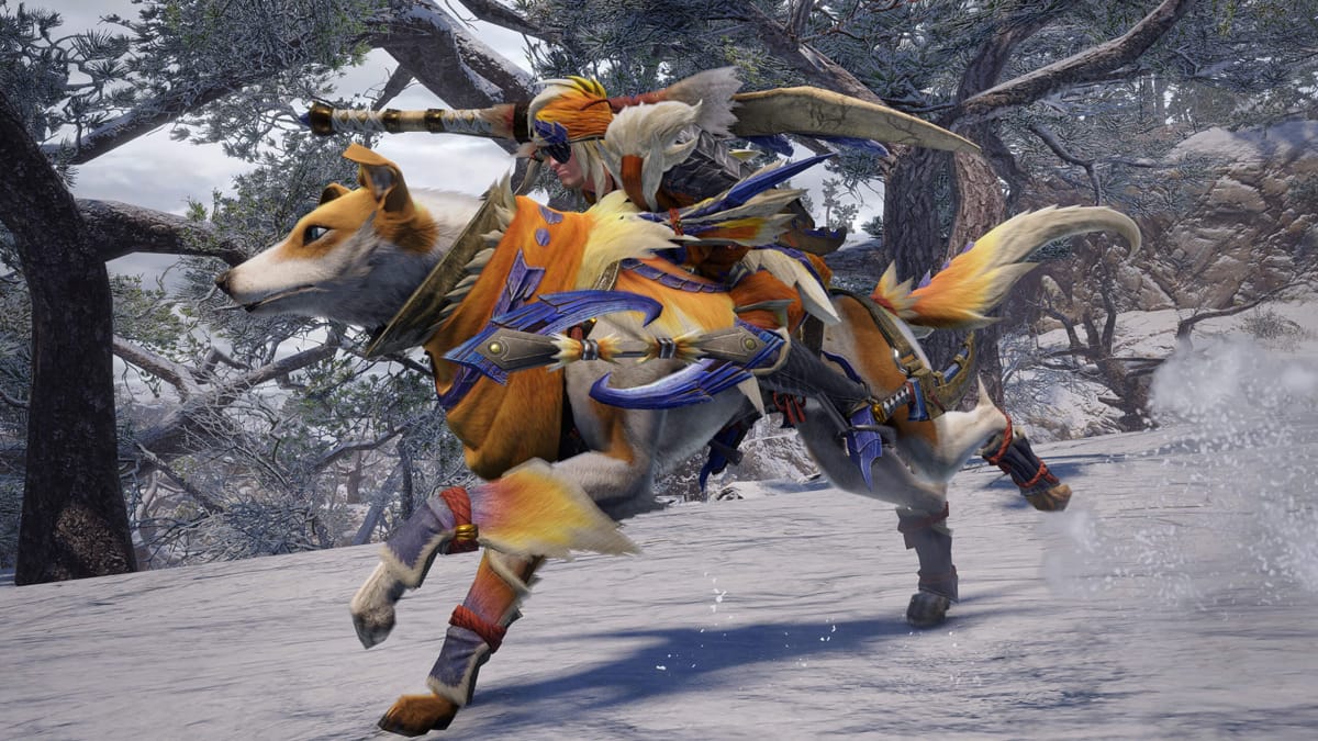 The player riding their Palamute companion in Monster Hunter Rise, intended to illustrate the Monster Hunter 20th anniversary Special Program