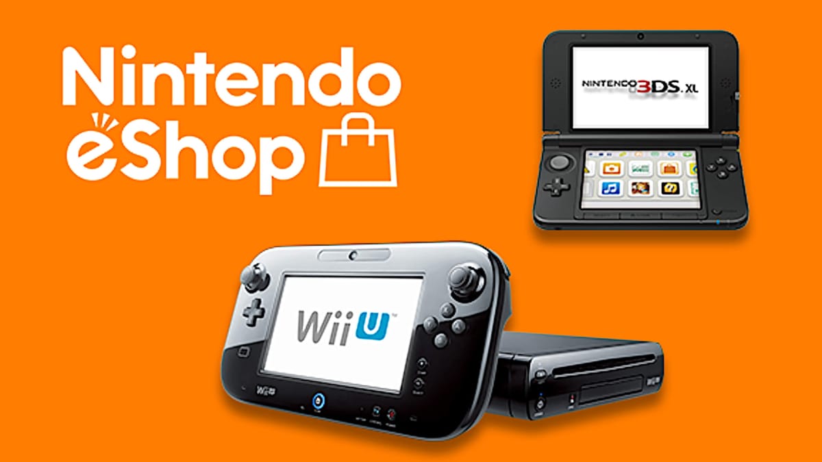 The Wii U and 3DS against an orange background, with the text "Nintendo eShop" above them