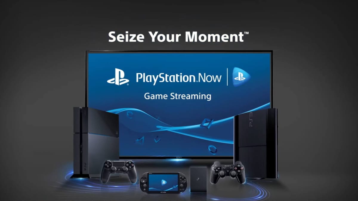 A number of PlayStation devices around a screen that reads "PlayStation Now Game Streaming" with the legend "Seize Your Moment" at the top