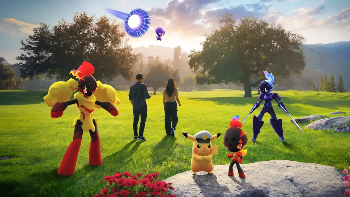 Artwork for the 2024 Pokemon Go World of Wonders update, which depicts several Pokemon standing in a field