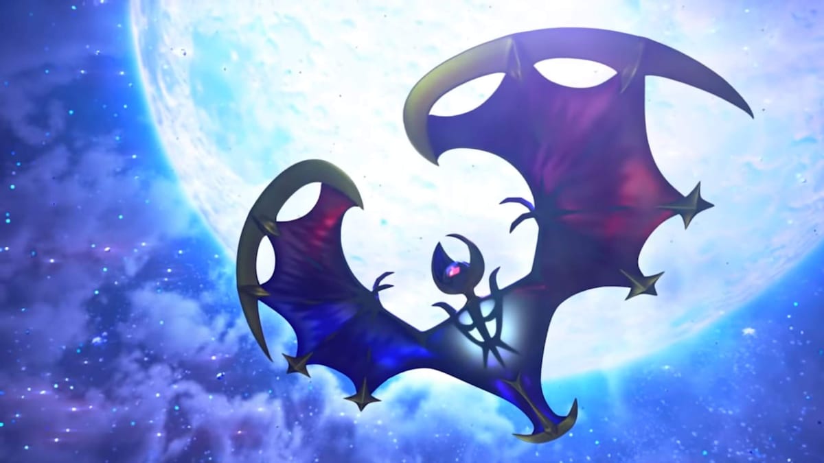 Lunala with its wings outstretched against the backdrop of the moon in Pokemon Sun and Moon