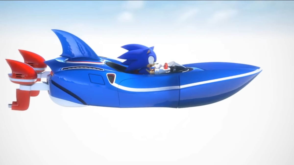 Sonic soaring through the air in his car and looking surprised in Sonic & All-Stars Racing Transformed