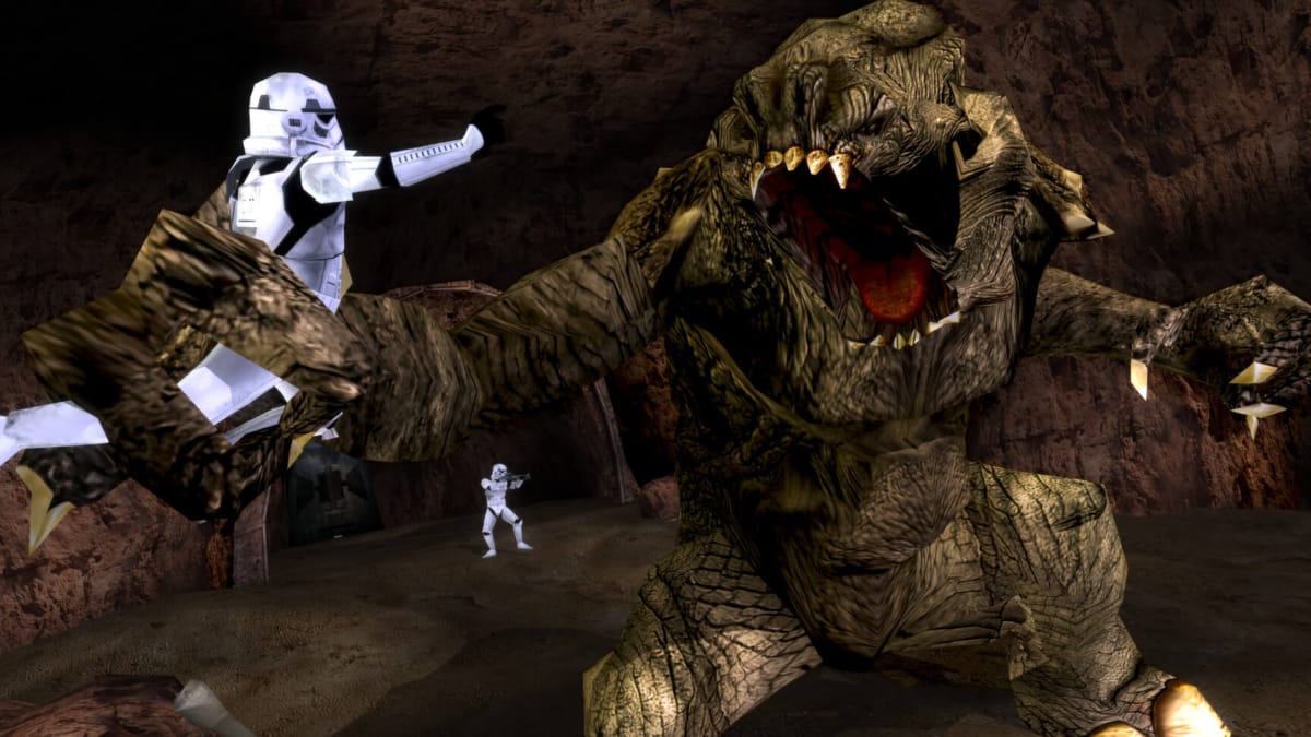A Rancor with a Stormtrooper in its claws in Star Wars: Battlefront Classic Collection