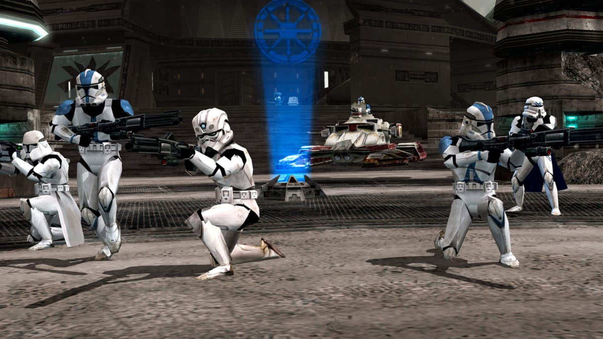 Several Stormtroopers aiming their weapons in front of a capture point in Star Wars: Battlefront Classic Collection
