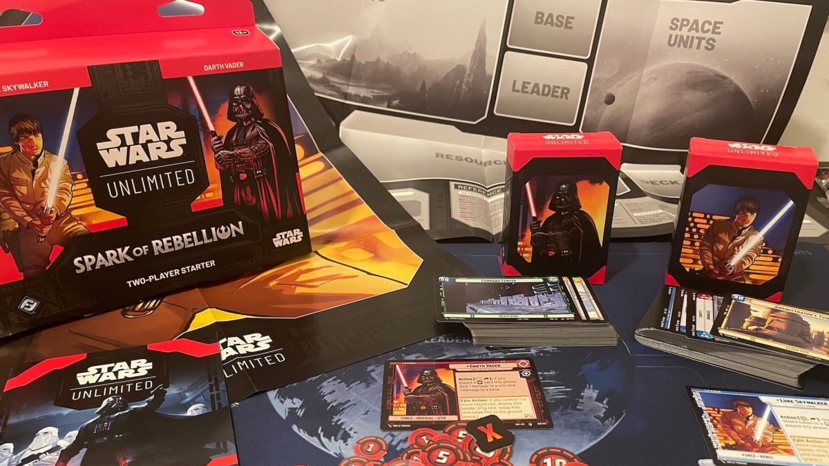Star Wars Unlimited photo of the starter set and various other items