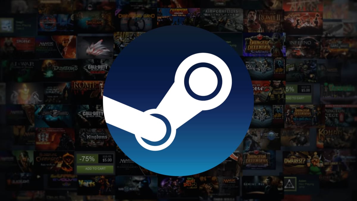 The Steam logo against a backdrop of some of the games available on the store