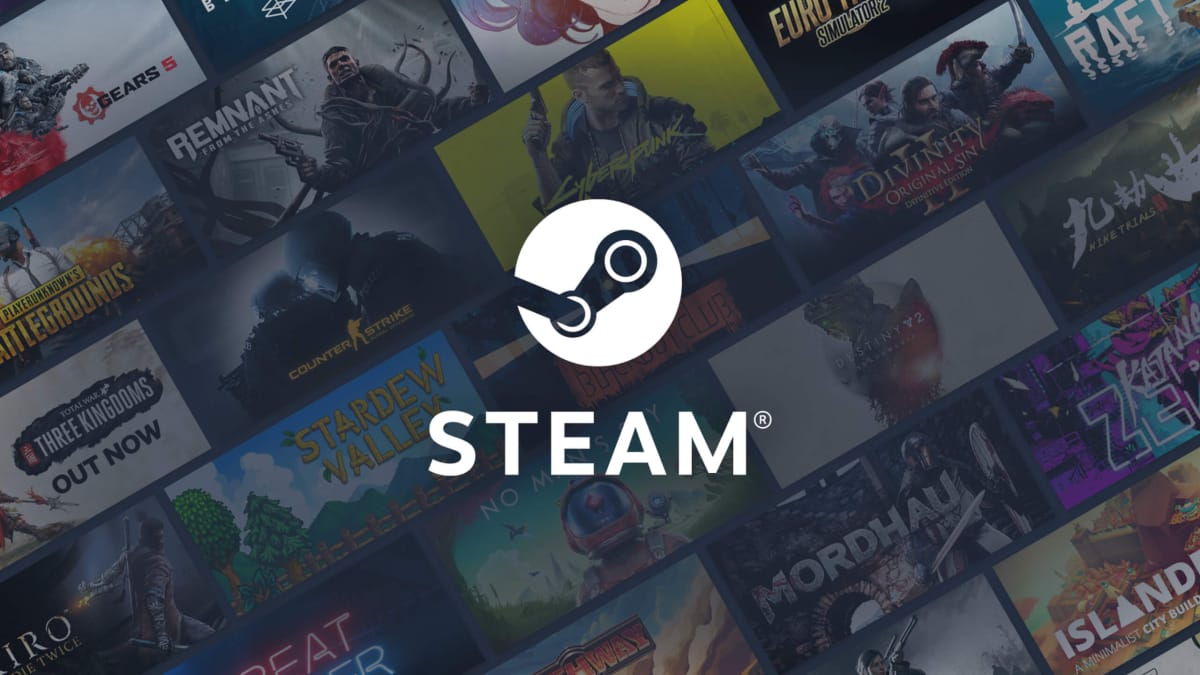 The Steam logo with many games sold on the service forming a tiled backdrop