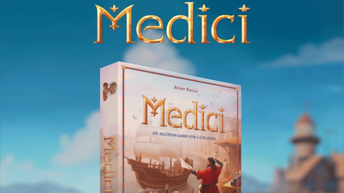 Promotional box artwork for Medici: The Board Game, a sunless sky can be seen in the background.