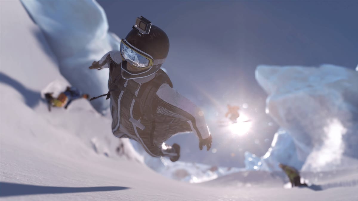 A skiier soaring through the air with other skiiers surrounding them in the Ubisoft game Steep