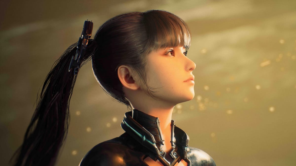 A close-up of Eve's face in Stellar Blade