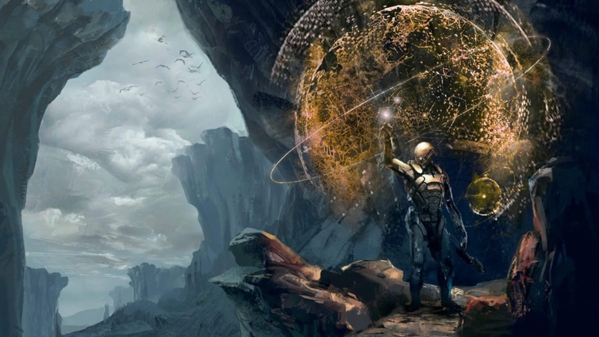 Artwork from the cover of The Art of Mass Effect: Andromeda, depicting a figure creating a light globe on a cliff