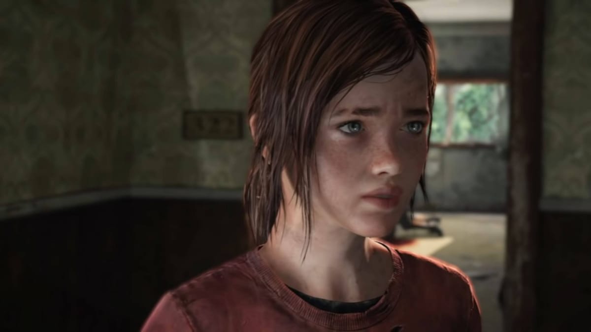 A close-up of Ellie looking worried in The Last of Us
