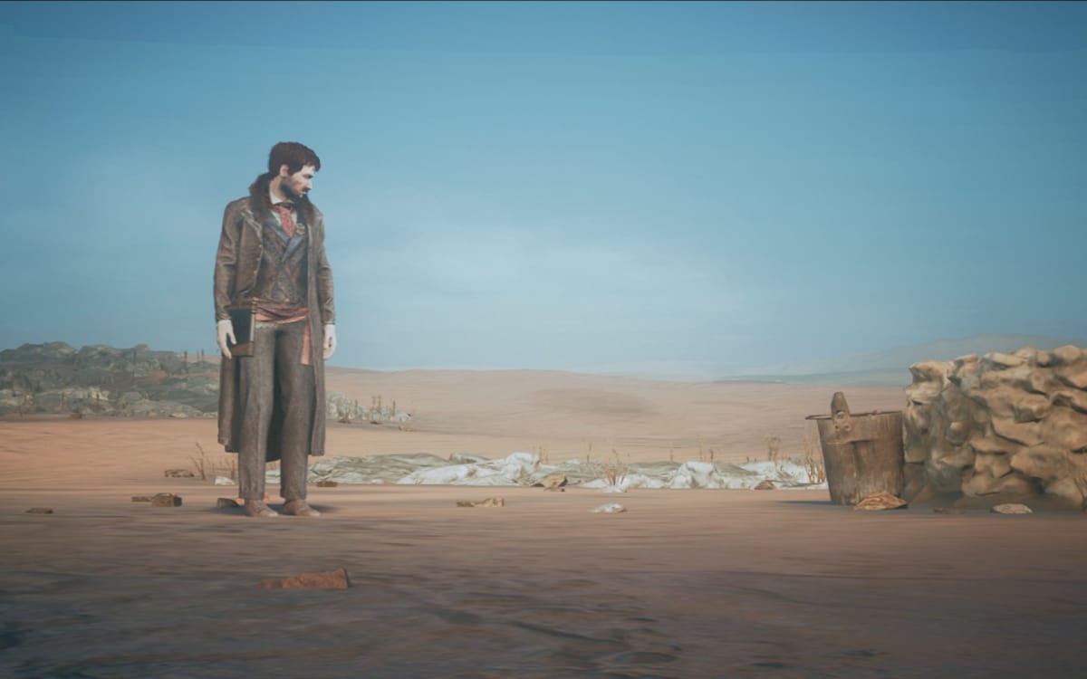 The Thaumaturge screenshot showing a man standing in a desert and staring at a nearby well