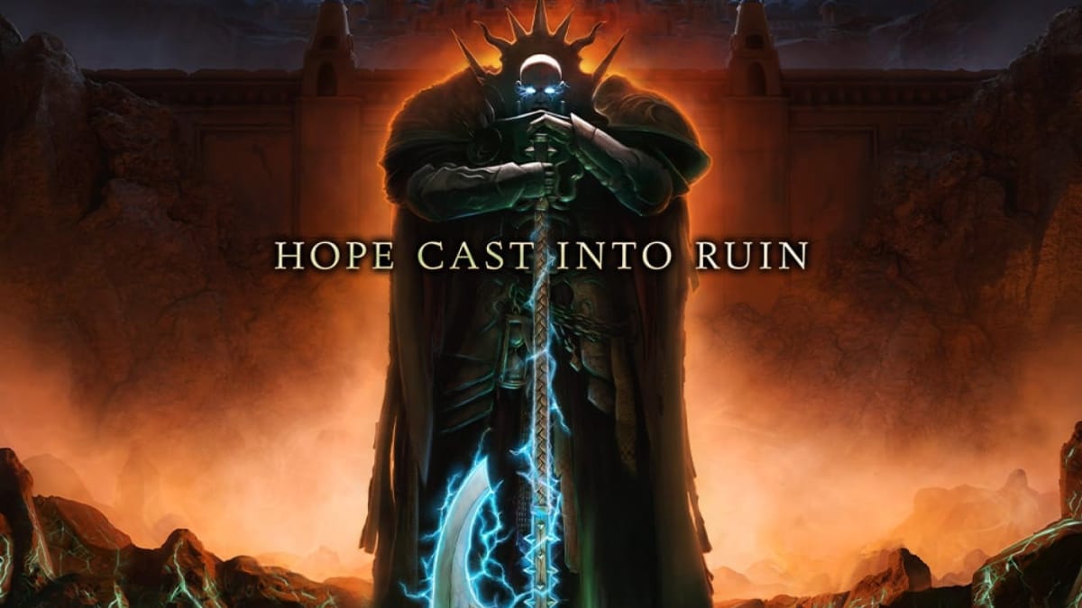 A promo image of Warhammer Age of Sigmar Fourth Edition, showing a Stormcast Eternal in silhouette. The slogan, "Hope Cast Into Ruin" is visible in front.