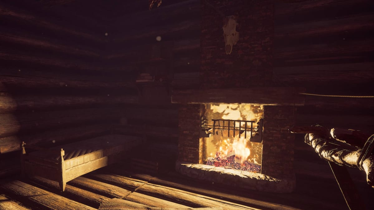 A lit Fireplace in the Story Mode cabin.