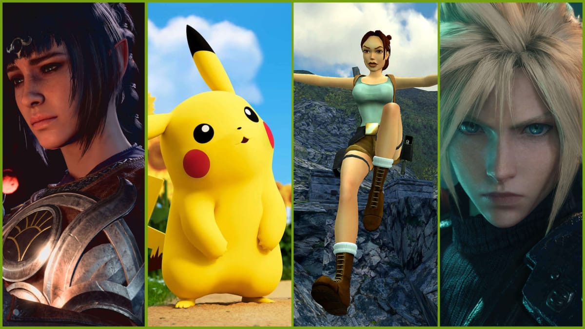 Shadowheart, Pikachu, Lara, and Cloud in an image representing the BAFTA Most Iconic Video Games Character of All Time poll