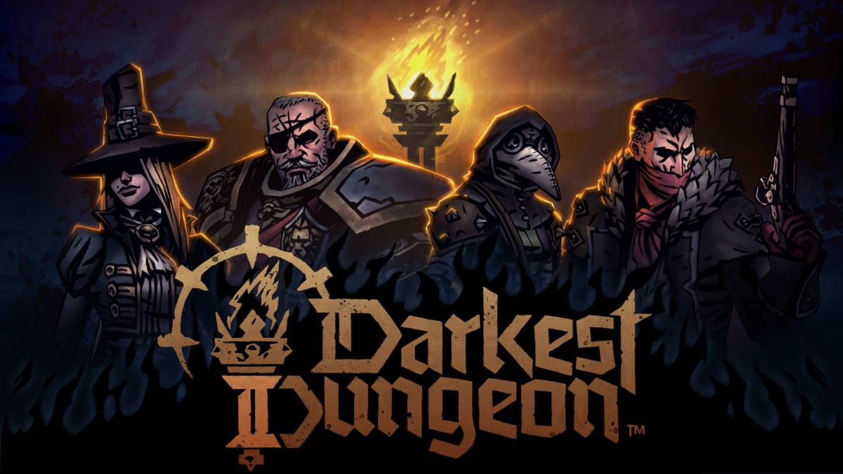 Darkest Dungeon 2 key art depicting four of the game's characters and its logo