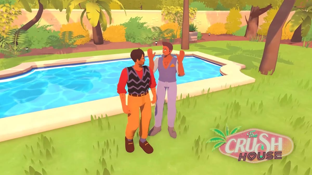 Two male characters having an argument in Devolver Digital and Nerial's reality TV sim The Crush House