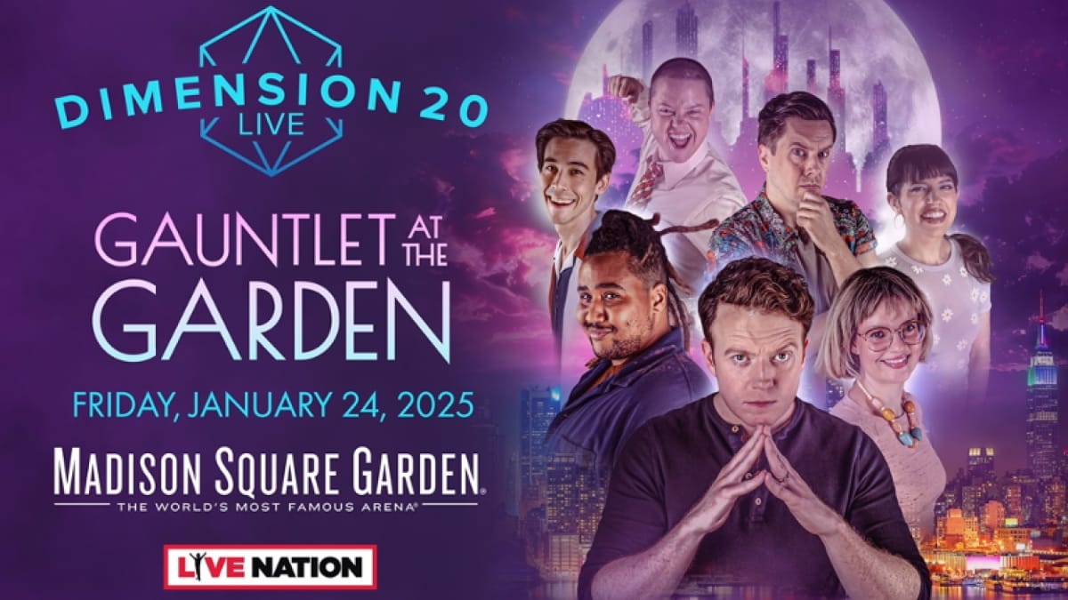 A promo image of Dimension 20: Gauntlet At The Garden, showing the main cast in front of a moon-lit cityscape