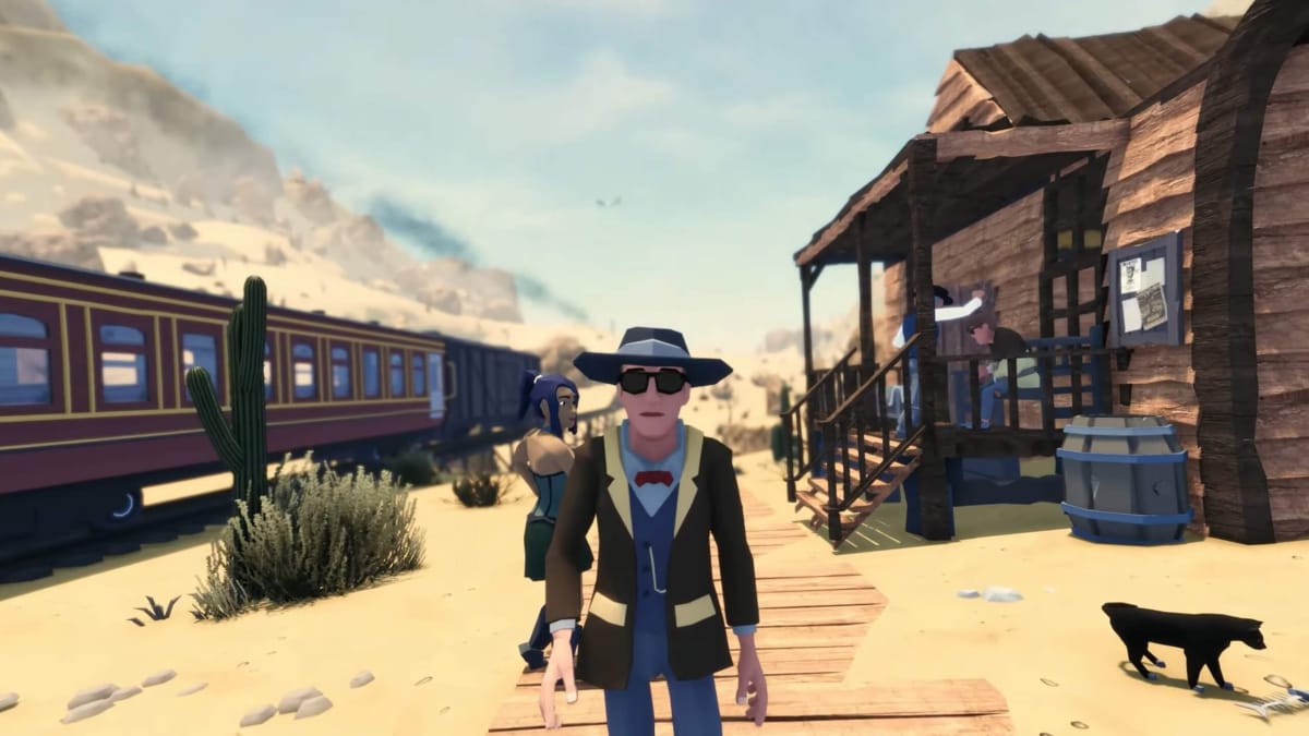 A cowboy character walking towards the screen in a Wild West town in Forty-Niner