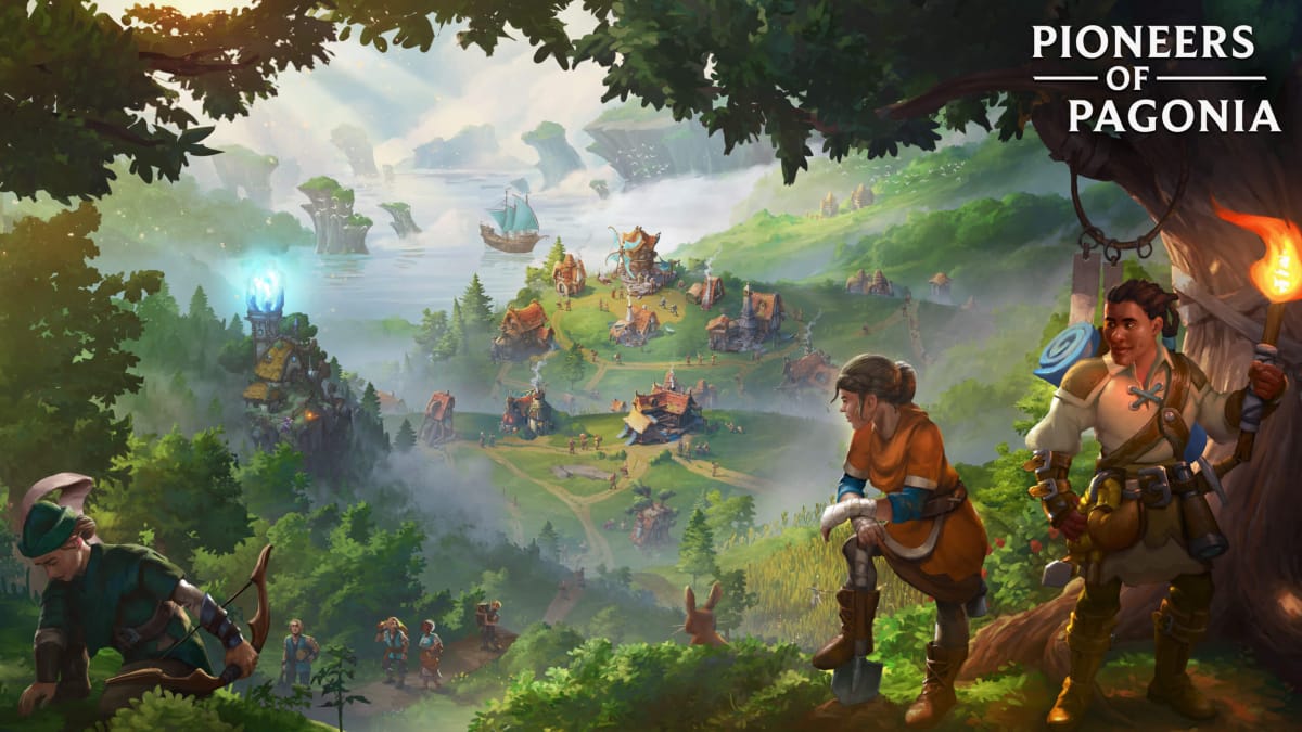 Key art for Pioneers of Pagonia, which shows two explorers looking out over a small town