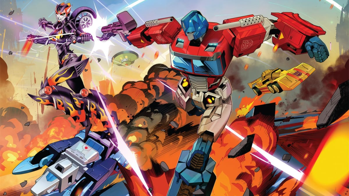 Promotional artwork of Robo Rally Transformers, depicting an explosive sci-fi racetrack with Optimus Prime on the front.