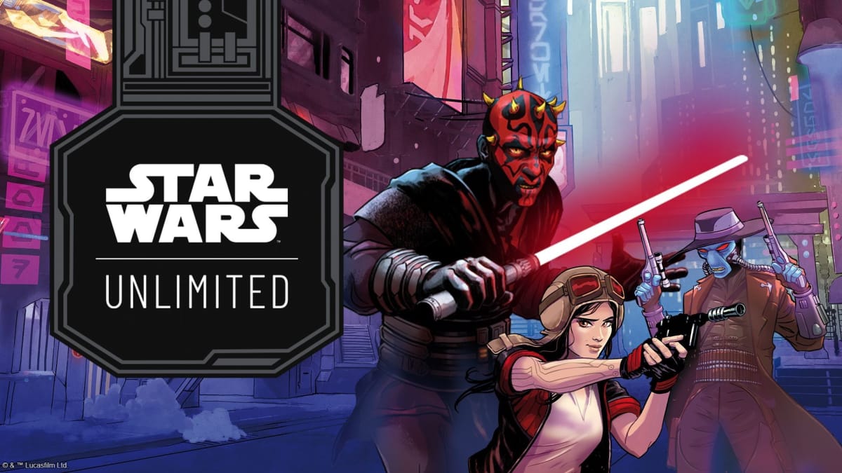 A promo image of Star Wars Unlimited Shadows of the Galaxy, showing Darth Maul and Cad Bane.