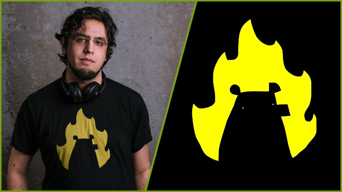 A picture of Rami Ismail next to the Vlambeer logo