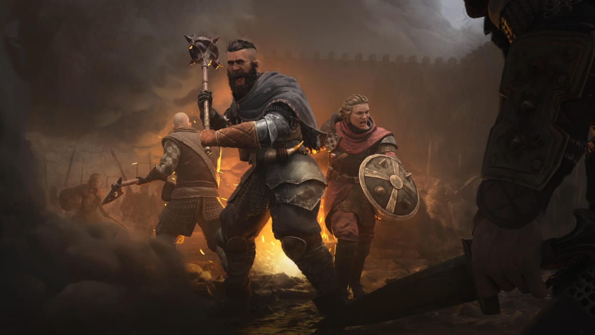 Three warriors in battle stance in key art for Wartales